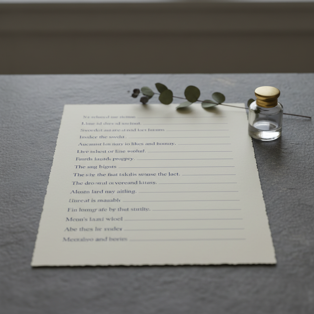 A single sheet of thick, deckle-edged ivory paper lies centered on a slate-gray stone tabletop, covered in carefully spaced lines of dark blue ink. Beside it, a small glass inkwell with a brass lid reflects the light, and a dried eucalyptus sprig introduces subtle organic texture. Cool, diffused overcast light comes from a nearby unseen window, producing soft, even illumination and understated shadows. Shot at eye level with a centered composition and moderate depth of field, the background falls into a tasteful blur of neutral tones. The atmosphere is restrained, introspective, and elegant, evoking the quiet focus of writing refined, modern poetry.