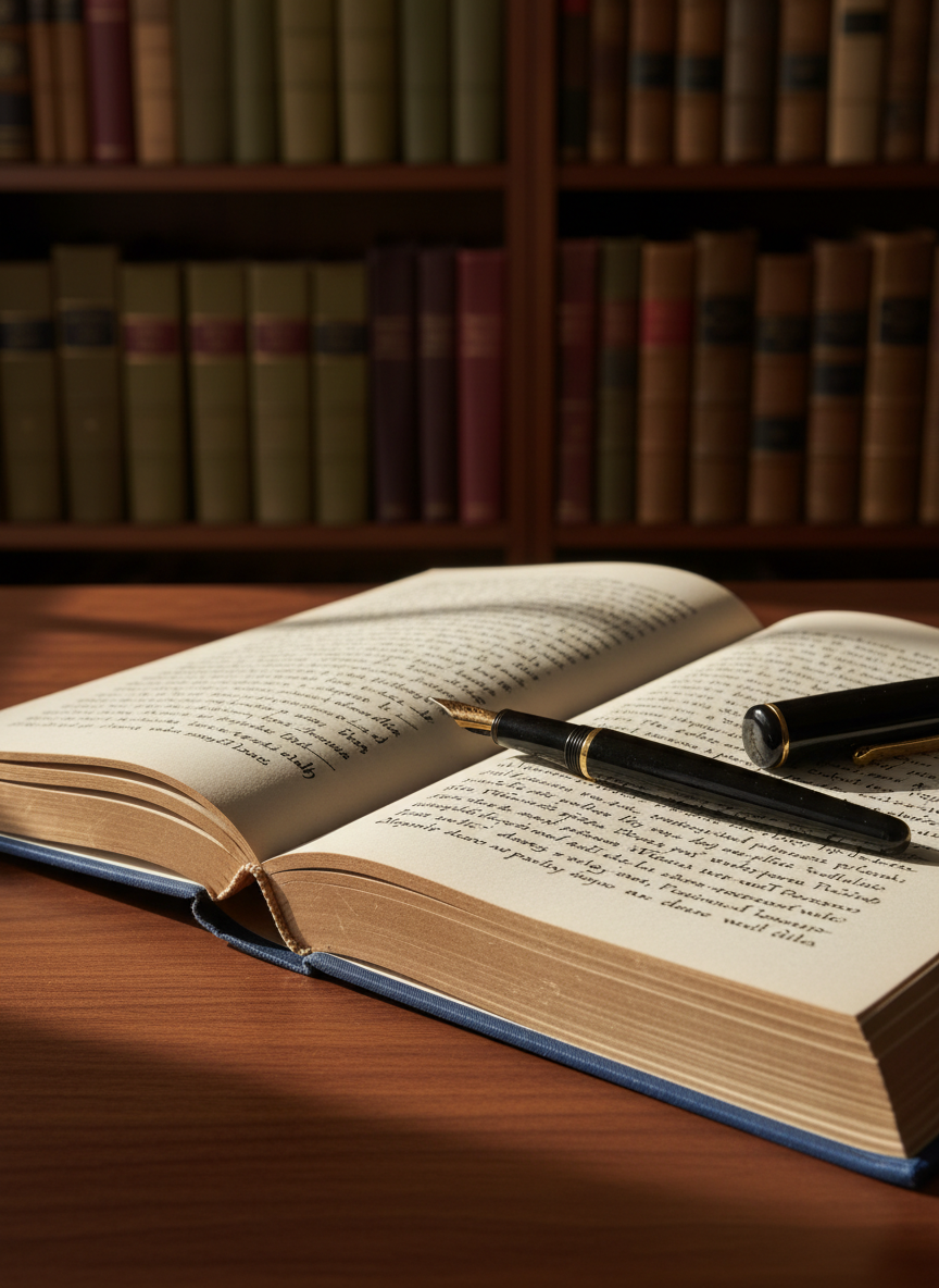 A hardcover poetry book with an indigo cloth cover lies open on a dark walnut desk, its cream pages slightly curled at the edges. A heavy black fountain pen with a gold nib rests diagonally across a page lined with dense, flowing handwriting, the ink still faintly glossy. In the background, out of focus, stand tall bookshelves filled with worn literary volumes in muted tones. Late-afternoon window light spills in from the left, creating a soft, golden band across the pages and casting refined, gentle shadows. Photographic realism from a slightly elevated angle, with shallow depth of field, creates a sophisticated, contemplative mood suitable for a serious poetry blog homepage.